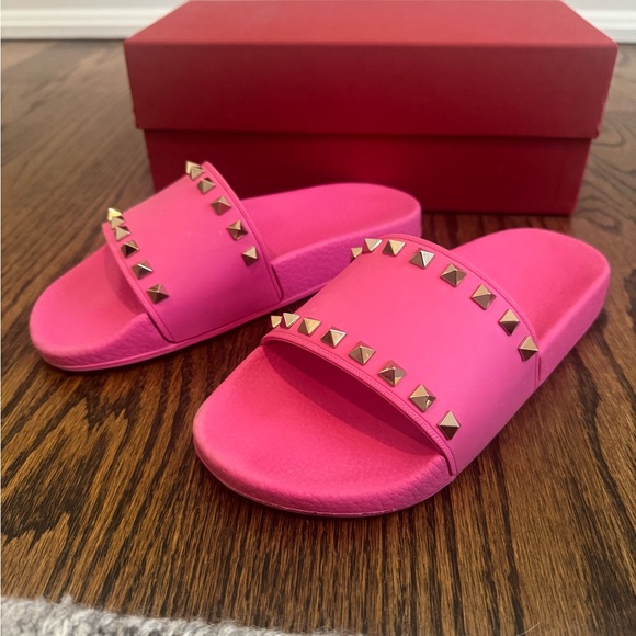Valentino Pink Rockstud Pool Slide Sandals 37 - Picture 2 of 5